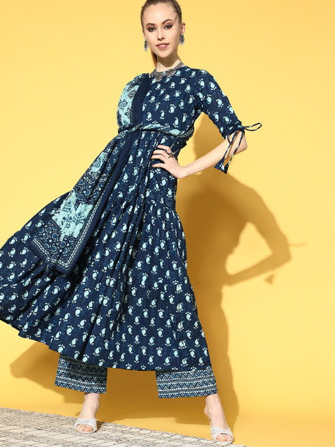 

Nayo Women Blue Paisley Printed Tiered Pure Cotton Kurta with Palazzos & With Dupatta