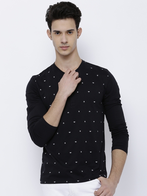 

LOCOMOTIVE Men Black Printed Henley Neck T-shirt