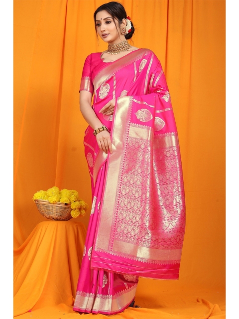 

Anaita Pink & Gold-Toned Ethnic Motifs Zari Pure Silk Banarasi Saree