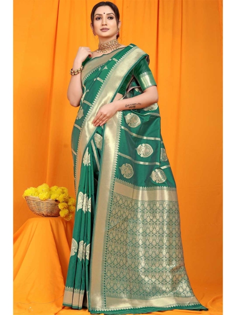 

Anaita Green & Gold-Toned Ethnic Motifs Zari Pure Silk Banarasi Saree