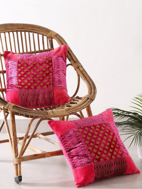 

HANDICRAFT PALACE Set of 2 Pink & Beige Patchwork Velvet Square Cushion Covers
