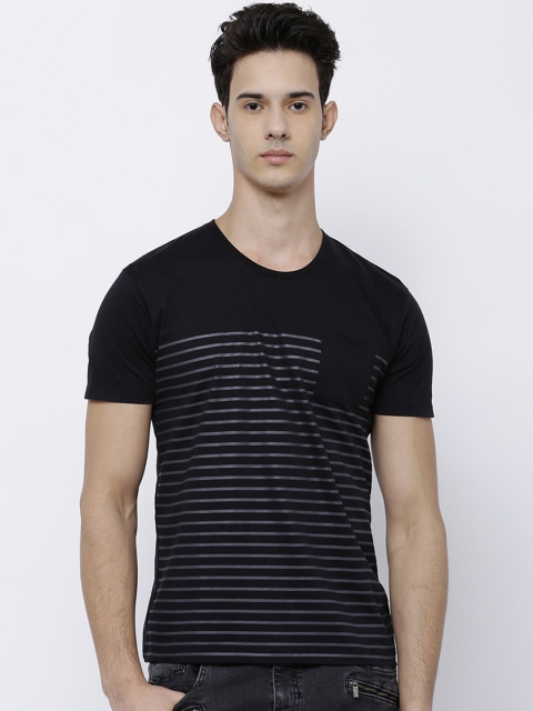 

LOCOMOTIVE Men Black Grey Striped Slim Fit Pure Cotton T-shirt