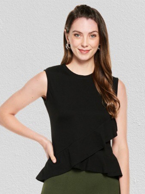 

UNMADE Women Black Solid Ruffles High-Low Top