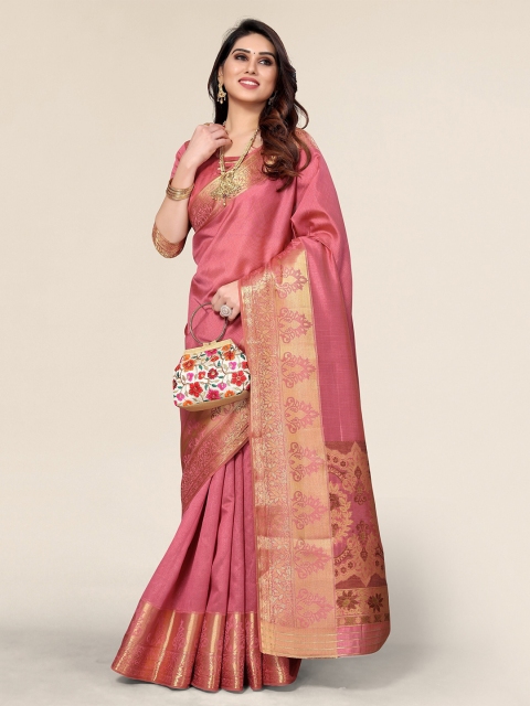 

Winza Designer Pink & Gold-Toned Zari Silk Blend Banarasi Saree