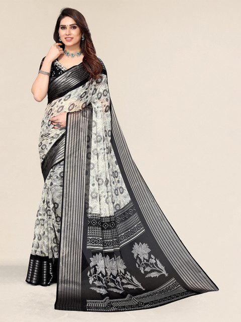 

Winza Designer White & Black Floral Zari Pure Chiffon Saree