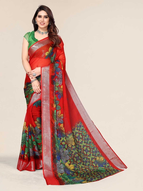 

Winza Designer Red & Green Floral Zari Pure Chiffon Bagh Saree