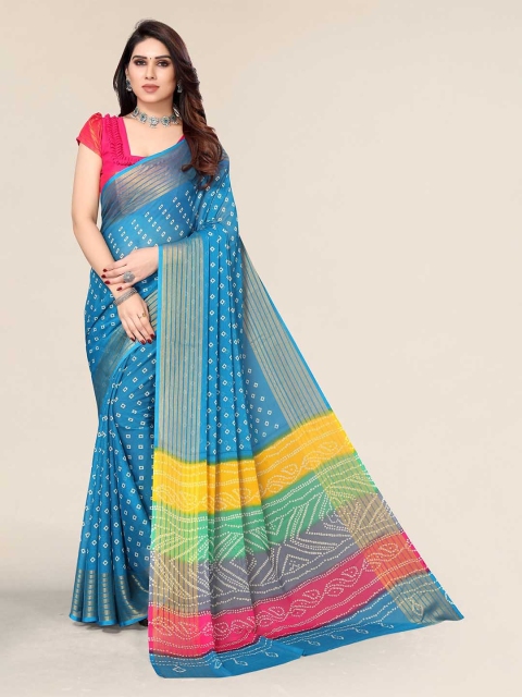 

Winza Designer Turquoise Blue & Yellow Zari Pure Chiffon Bandhani Saree