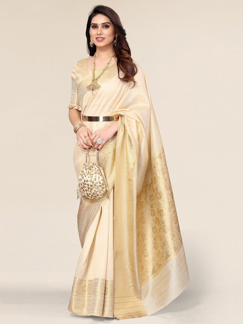 

Winza Designer Cream-Coloured & Gold-Toned Zari Silk Blend Banarasi Saree