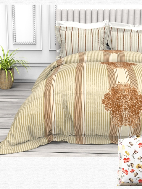 

THE WHITE MOSS Yellow & Brown Striped 220 TC Queen Bedsheet with 2 Pillow Covers