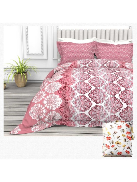 

THE WHITE MOSS White & Red Floral 220 TC Queen Bedsheet with 2 Pillow Covers