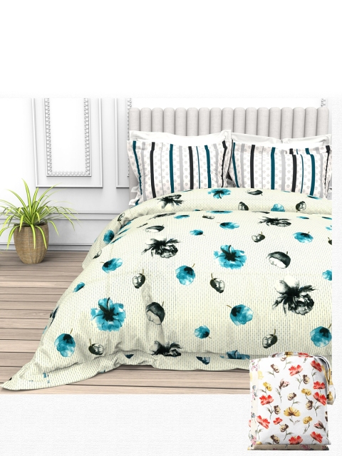 

THE WHITE MOSS Blue & White Floral Print 220 TC Queen Bedsheet with 2 Pillow Covers