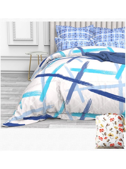 

THE WHITE MOSS White & Blue Geometric 220 TC Queen Bedsheet with 2 Pillow Covers