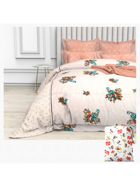 

THE WHITE MOSS Pink & Blue Floral 220 TC Queen Bedsheet with 2 Pillow Covers