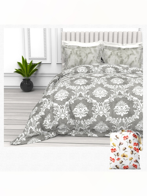 

THE WHITE MOSS Grey And White 220 TC Ethnic Cotton Queen Bedsheet With 2 Pillow Covers