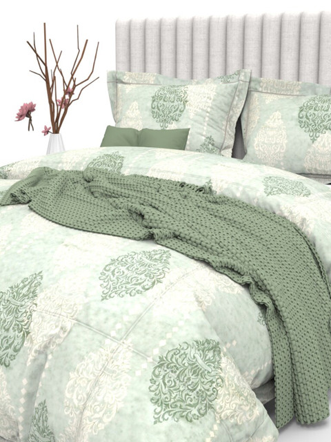 

THE WHITE MOSS Green & White Ethnic Motifs 350 TC King Bedsheet with 2 Pillow Covers