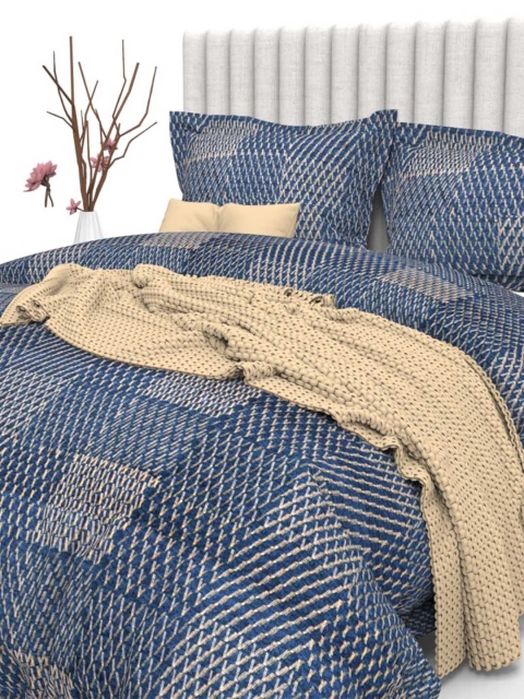 

THE WHITE MOSS Blue & Beige Geometric 350 TC King Bedsheet with 2 Pillow Covers
