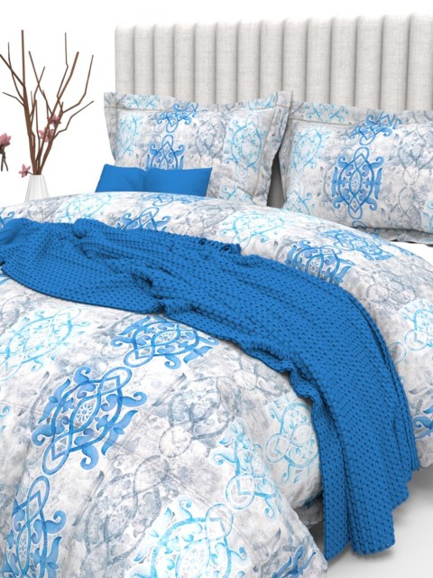 

THE WHITE MOSS Blue & Grey Ethnic Motifs 350 TC King Bedsheet with 2 Pillow Covers