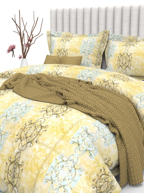 

THE WHITE MOSS Yellow Cotton Ethnic Motifs 350 TC King Bedsheet with 2 Pillow Covers