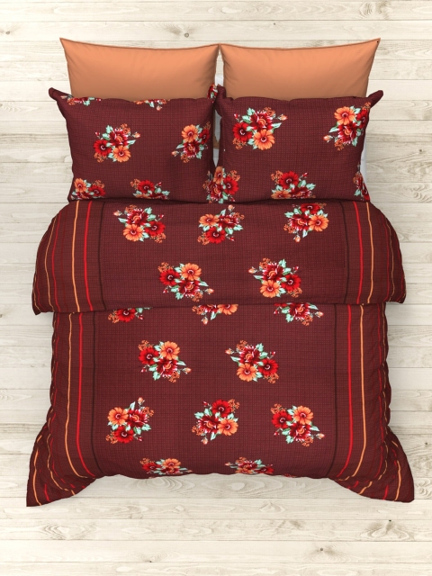 

THE WHITE MOSS Brown & Orange Floral Print 160 TC King Bedsheet with 2 Pillow Covers