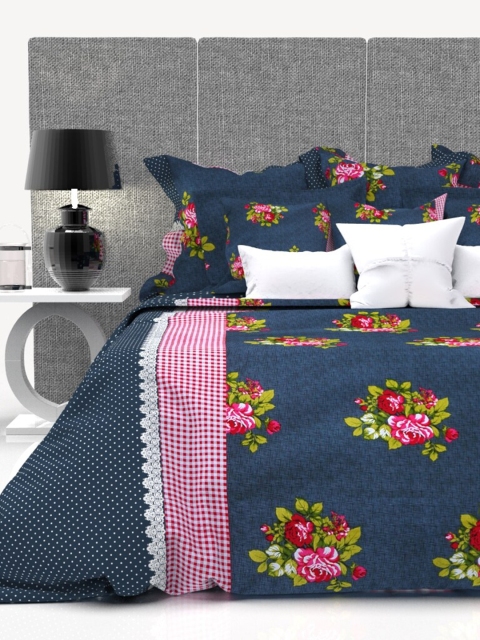 

THE WHITE MOSS Blue & Red Floral 160 TC King Bedsheet with 2 Pillow Covers