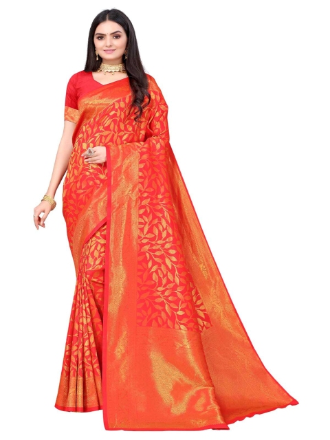 

ODETTE Red & Gold-Toned Floral Zari Silk Blend Saree