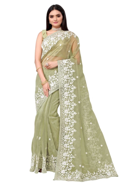 

ODETTE Olive Green & White Floral Embroidered Organza Saree