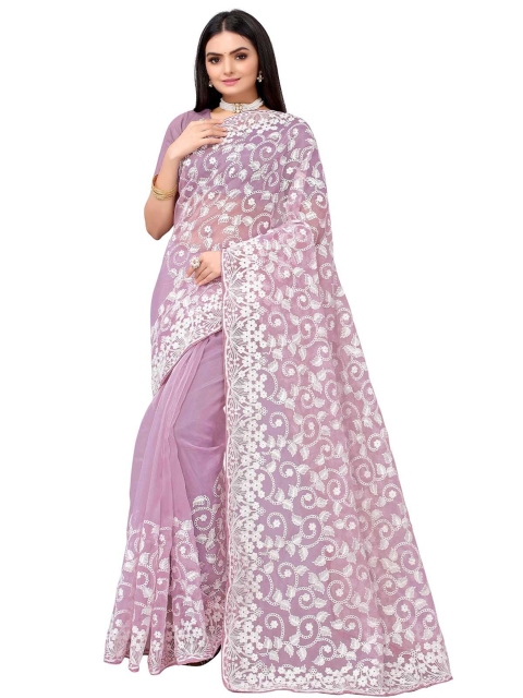

ODETTE Lavender & White Floral Embroidered Organza Saree