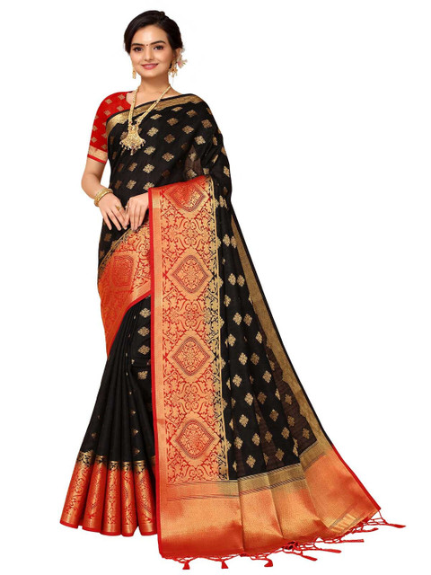 

ODETTE Black & Red Woven Design Zari Silk Blend Saree