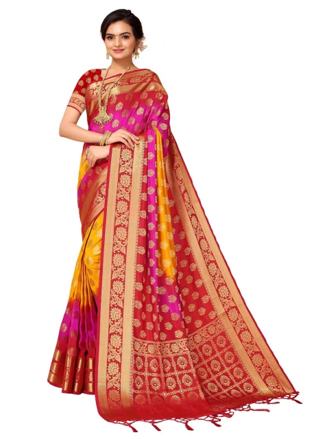 

ODETTE Red & Yellow Woven Design Zari Silk Blend Saree