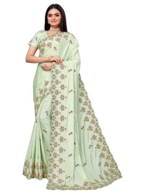 

ODETTE Green & Peach-Coloured Floral Embroidered Saree