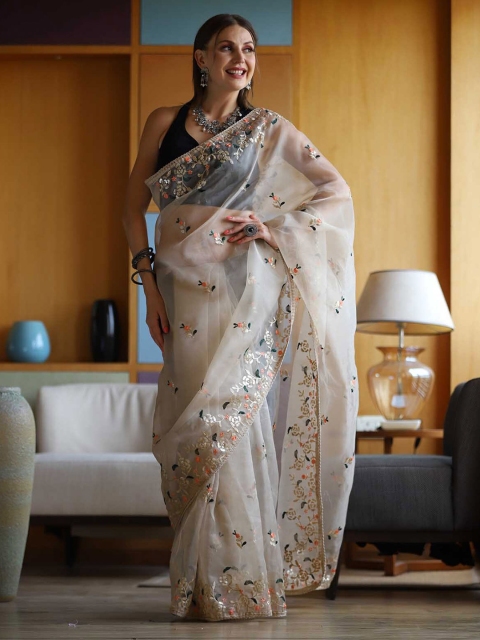 

ODETTE Beige Floral Embroidered Organza Saree