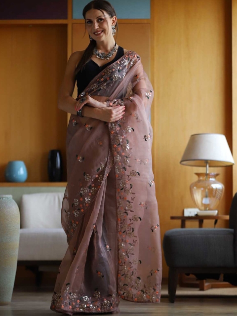 

ODETTE Mauve & Green Floral Embroidered Organza Saree