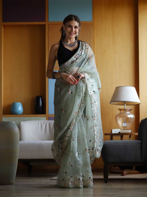 

ODETTE Green & White Floral Embroidered Organza Saree