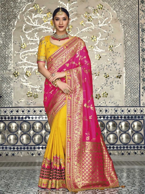 

ODETTE Women Yellow & Pink Paisley Zari Silk Blend Saree