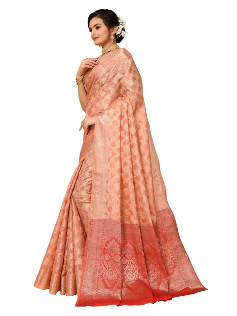 

ODETTE Peach-Coloured & Gold-Toned Ethnic Motifs Zari Organza Saree