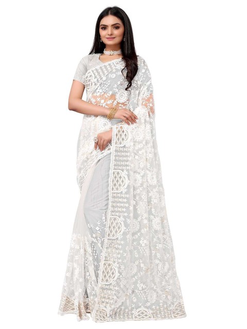 

ODETTE White & Gold-Toned Floral Embroidered Net Saree