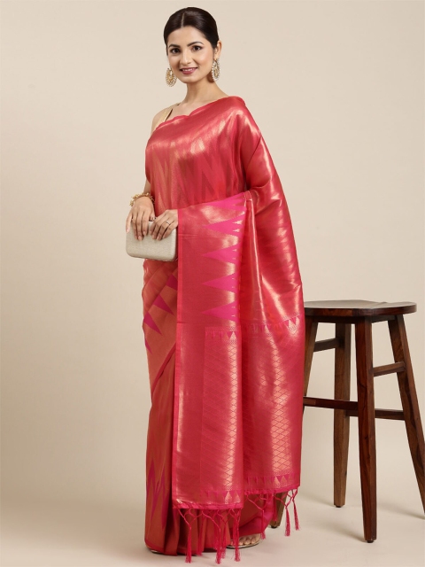 

ODETTE Pink & Gold-Toned Ethnic Motifs Zari Kanjeevaram Saree