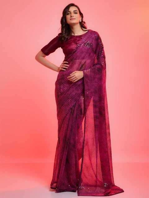 

ODETTE Violet Striped Sequinned Saree