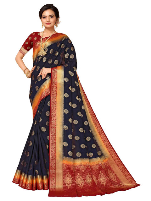 

ODETTE Blue & Red Woven Design Zari Silk Blend Saree