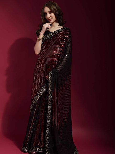 

ODETTE Black & Maroon Striped Sequinned Saree