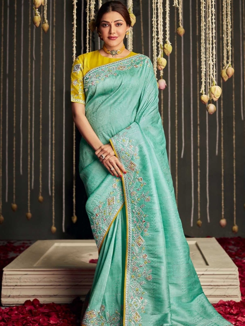 

ODETTE Sea Green & Yellow Embroidered Saree