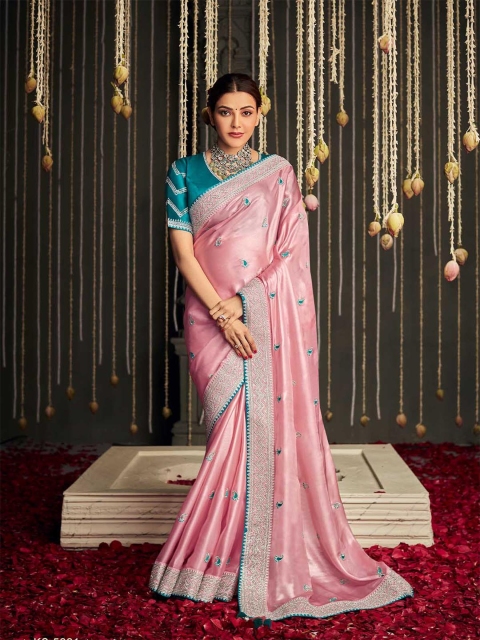 

ODETTE Pink & Blue Woven Design Embroidered Saree