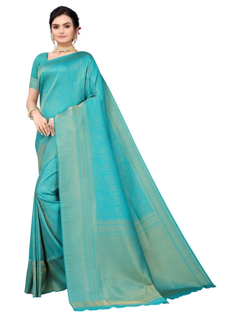 

ODETTE Sea Green & Gold-Toned Woven Design Zari Silk Blend Saree