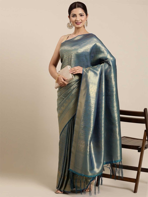 

ODETTE Teal & Gold-Toned Woven Design Zari Silk Blend Saree