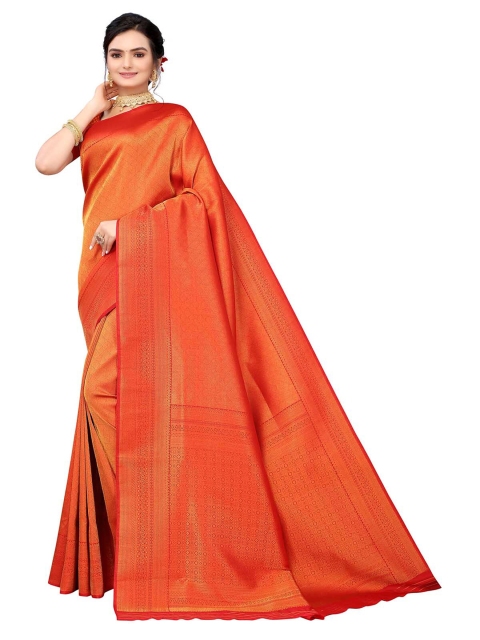 

ODETTE Red & Gold-Toned Woven Design Zari Silk Blend Saree