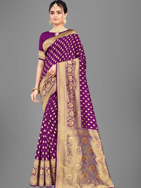 

ODETTE Purple & Gold-Toned Woven Design Zari Silk Blend Saree