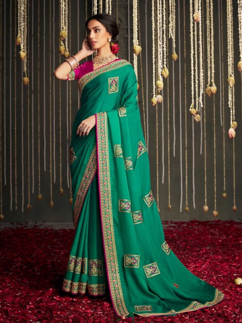 

ODETTE Green & Pink Ethnic Motifs Embroidered Saree