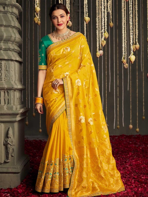 

ODETTE Mustard & Green Ethnic Motifs Zari Saree