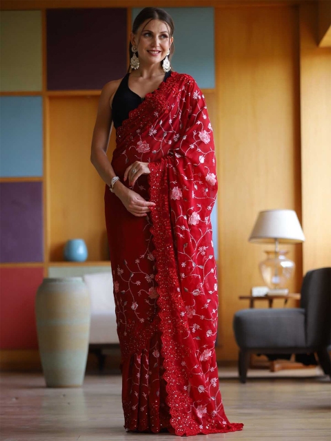 

ODETTE Red & Pink Floral Embroidered Saree