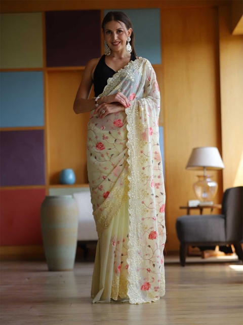 

ODETTE Cream-Coloured & Red Floral Embroidered Saree
